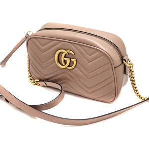 Gucci GG Marmont Quilted Shoulder Bag Leather Pink Beige